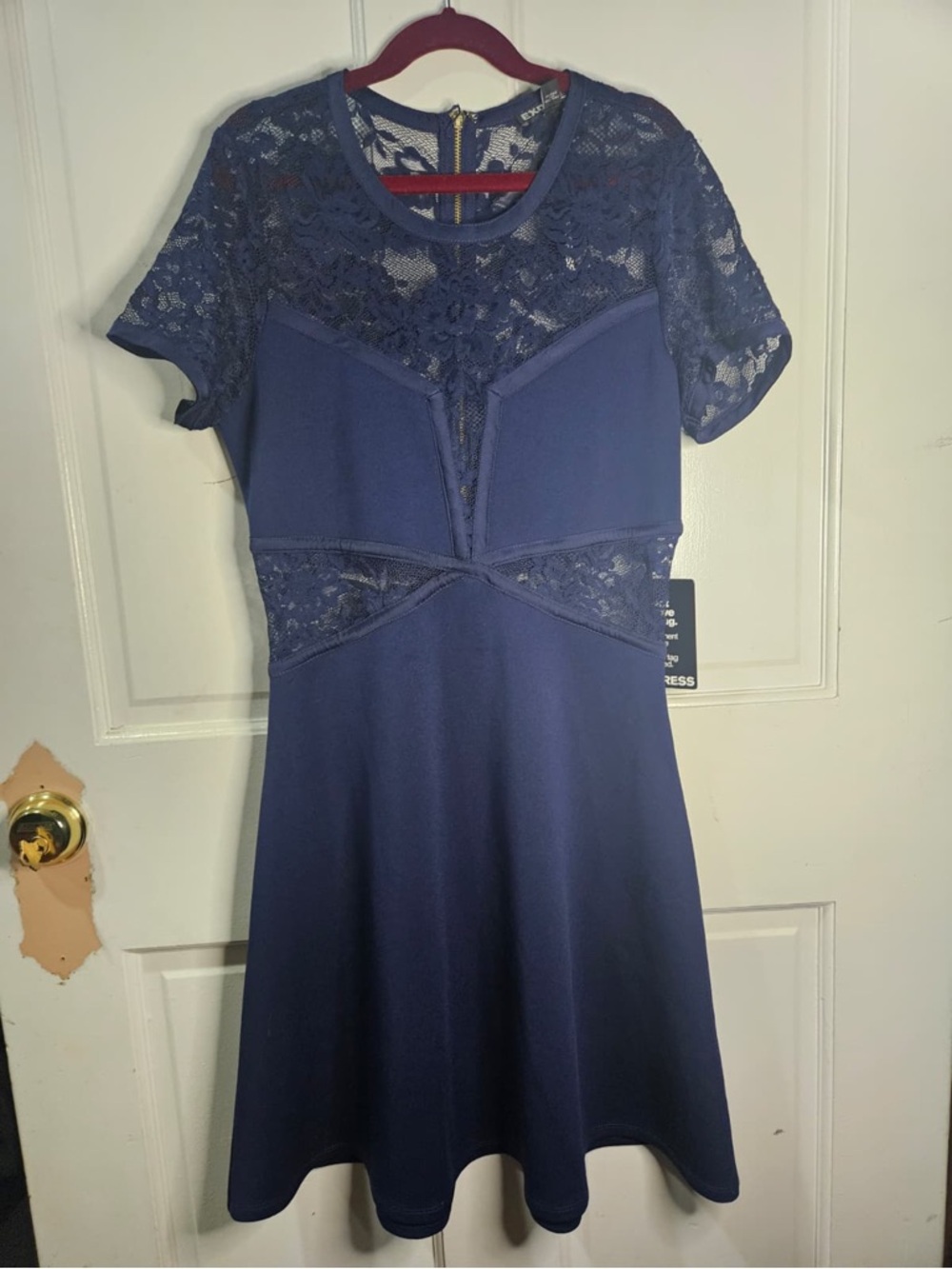 Express Navy Lace-Trim Fit & Flare Mini Dress